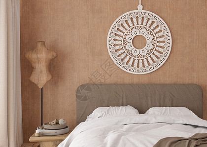 挂在卧室墙上的手工花边 波西米亚风格的墙饰 采用花边技术 由自然色的棉线制成 漂亮的花边墙板 舒适的房间 3D 渲染背景图片