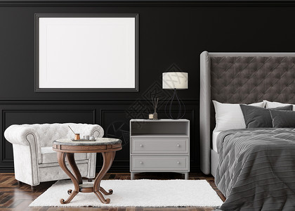现代卧室黑墙上的空水平相框 模拟经典风格的内饰 为您的图片 海报免费复制空间 您的作品的模板 床 扶手椅 3D 渲染背景图片
