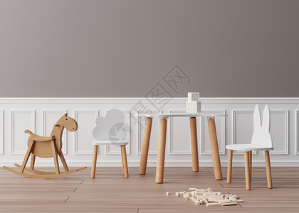 马家柚现代儿童房的棕色空墙 模拟室内 自由空间 为您的图片 文字或其他设计复制空间 摇马 桌椅 玩具 舒适的儿童房 3D 渲染背景
