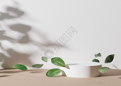 带叶子的白色圆形讲台 在空中飞舞 在白色背景上 产品 化妆品展示的天然讲台 小样 美容产品的基座或平台 空旷的场景 3D 渲染背景图片