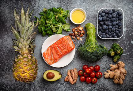 癌症鱼抗炎炎饮食食品药品愈合水果菠菜营养坚果蔬菜健康菠萝癌症背景