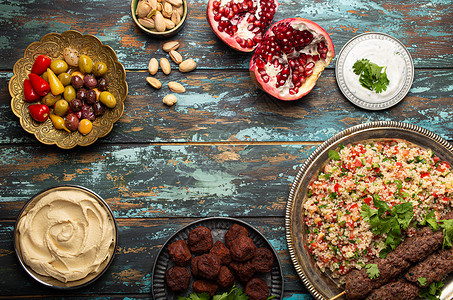 阿拉伯土耳其人从上述复制空间获得的各类食品文化胡椒餐厅菜单派对乡村自助餐牛肉腌菜桌子背景图片