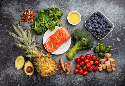 癌症鱼抗炎炎饮食食品免疫系统癌症食物菠萝产品坚果绿色健康愈合药品背景