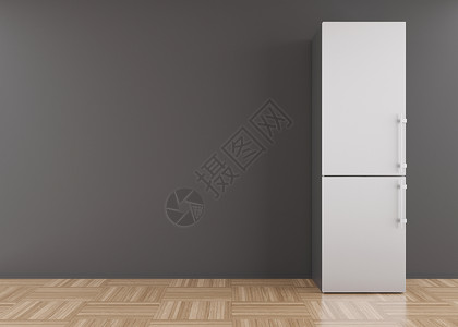 冰箱图冰箱站在空荡荡的房间里 为文本或其他对象释放 复制空间 家用电器 现代厨房用具 带冰柜的不锈钢冰箱 3d 渲染背景