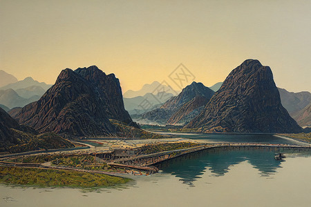 哈塔大坝和山丘 清晨的景色 手绘画环境高清图片素材