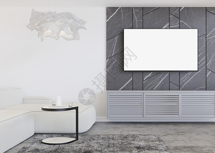 电视图LED 电视与空白的白色屏幕 挂在家里的墙上 电视模拟 复制广告 电影 应用程序演示的空间 空电视屏幕准备好您的设计 现代内饰背景