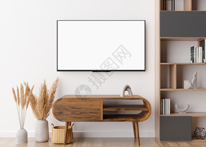 电视图LED 电视与空白的白色屏幕 挂在家里的墙上 电视模拟 复制广告 电影 应用程序演示的空间 空电视屏幕准备好您的设计 现代内饰背景
