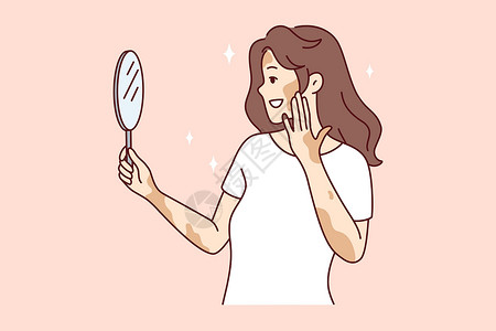 白癜风女人有维蒂利奥照镜子皮肤科身体皮炎卫生绘画成人皮肤女性疾病镜子设计图片