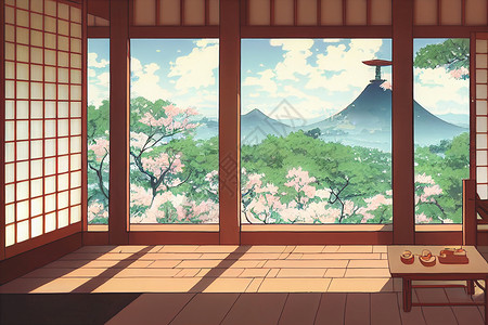 樱花卡通幻想的日本圣殿和窗子在门外看着俄罗斯 3D变成动画风格的壁纸天空文化神社背景历史遗产动漫雕像精神樱花背景