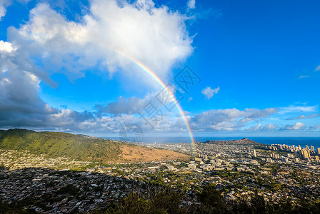超美彩虹素材瓦伊基基和火奴鲁鲁旅行地标海岸线全景市中心陆地城市地球景观陨石背景