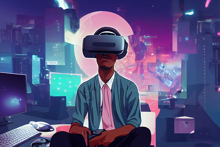 三维动漫非洲裔美国人戴上 VR 耳机 环顾元宇宙的网络世界 其他人在其中交流和跳舞 动漫风格背景