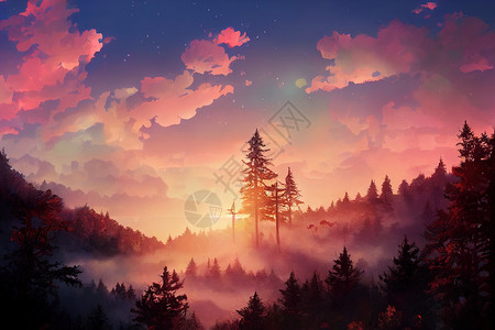 日出在德国美丽的森林中 动画风格 艺术站 像素风格 卡通旅游高清图片素材