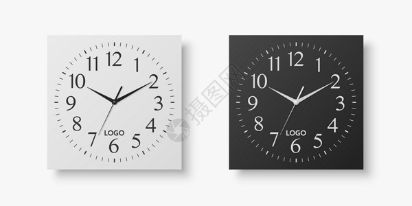 无肉日矢量 3d 逼真白色 黑色方形墙壁办公室时钟设置 设计模板隔离在白色 使用罗马数字拨号 用于品牌和广告隔离的挂钟模型 钟面设计日设计图片