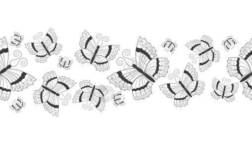 无缝边框横幅 带有抽象黑色轮廓的可爱飞行蝴蝶 在白色背景上被隔离 用于装饰带纺织品昆虫墙纸打印艺术织物野生动物翅膀插图花园背景图片