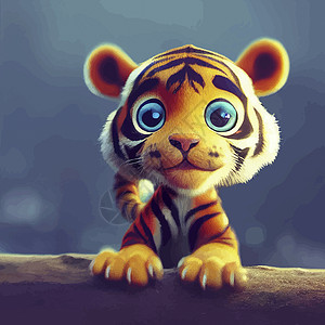 动画插图 一个可爱老虎 动动的婴儿老虎肖像卡通片毛皮荒野小老虎动物艺术绘画宠物背景图片