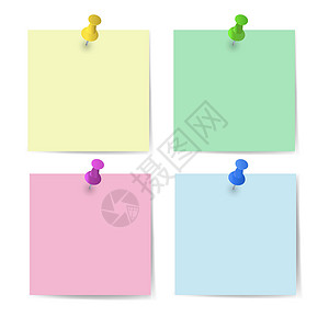 图钉素材用于办公室文书工作的带有别针的备忘录纸 紧固件 带空白信纸的回形针 附加活页夹与白色便条纸 文本的一组孤立的彩色回形针 剪辑和列设计图片