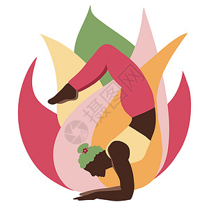 手绘瑜伽素材手绘瑜伽姿势中的黑人非洲裔美国女性的插图 平衡和谐健康自助概念的现代绿色粉红色设计 放松锻炼健身身体运动女孩康复女士艺术体操训练背景