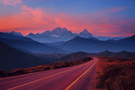 前山前山和后日落的公路路线 路图 道路墙纸插图日落山脉天空背景图片