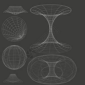 骚波朋克未来派网格海报 带有 HUD 元素的复古未来主义布局模板 线框行星透视隧道圈复古赛博朋克风格 矢量集 波浪变形的抽象表面设计图片