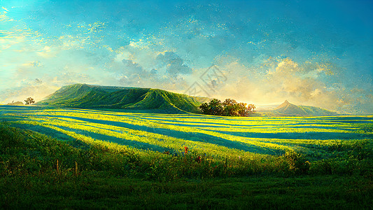 清晨 绿山 明色蓝色天空 国家背景的美丽夏月田地风景技术辉光墙纸金属山脉插图魔法网格背景图片