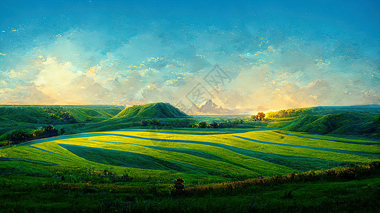 清晨 绿山 明色蓝色天空 国家背景的美丽夏月田地风景魔法插图技术辉光墙纸网格山脉金属背景图片