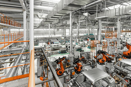 汽车生产线 焊接车身 现代汽车装配厂植物装配管道机器制造工业企业机器人输送带传送带金属高清图片素材