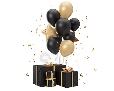 生日图金色和黑色的气球和孤立在白色背景上的礼物 黑色星期五 生日 庆祝活动 活动卡元素 剪下 现代设计 3d 渲染背景
