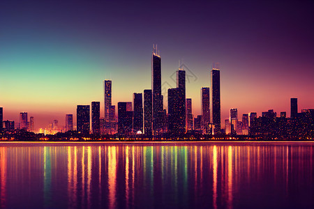 景观分析图动漫风格 城市景观市中心摩天大楼芝加哥天际线全景密歇根湖海港区白天伊利诺伊美国外汇图全息图互联网交易经纪概念和基本分析 U1 1背景