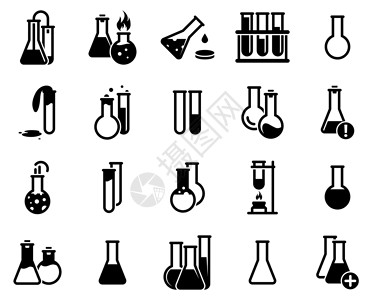 软木一组简单的图标 主题为烧瓶 实验室 实验 矢量 设计 收藏 平面 标志 符号 元素 对象 插图 孤立在白色背景上的黑色图标插画