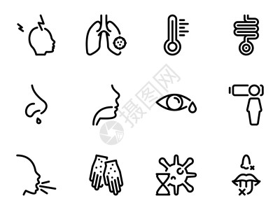 疫苗图标在白色背景下隔离的一组黑色矢量图标 有关主题呼吸道症状 疾病 孵化期的简单插图设计图片