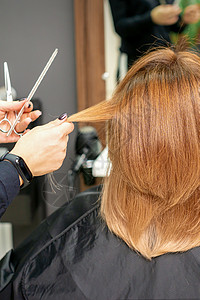 红头发的女人坐在镜子前 在美发沙龙接受一位女理发师理发她的红色长发 后视治疗发型工作室造型师女性成人女孩职业发型师皮肤员工高清图片素材