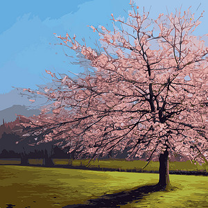 高雅大气很有范现实的萨库拉树 高雅的日本特色 有粉红色花瓣在绿色草原上的鲜花植物 亚洲人园艺野花季节插图庆典花园卡片玉兰绘画叶子插画