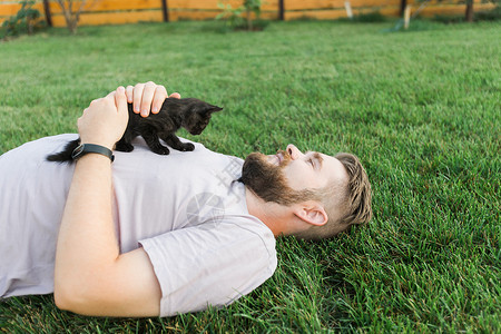 男人有小猫在草地上躺着玩耍友谊爱爱动物和宠物拥有者概念猫咪男性村庄自由婴儿享受胡须朋友后院说谎背景图片