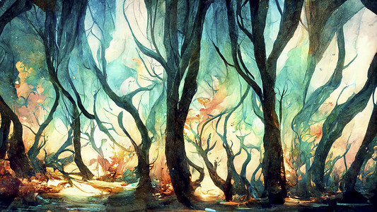 美丽的水彩 古代的一棵有明亮光环的生命树图画 神奇仙女森林魔法艺术季节蓝色树木绿色插图童话阳光故事书背景图片