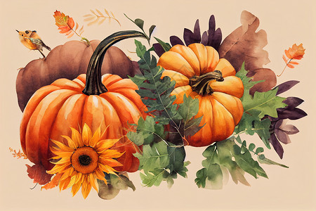 含有南瓜的秋花花卉装饰 水彩图示 手画背景图片