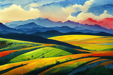 春天水彩风景画与农场一起绘制多彩的山地山脉风景画背景