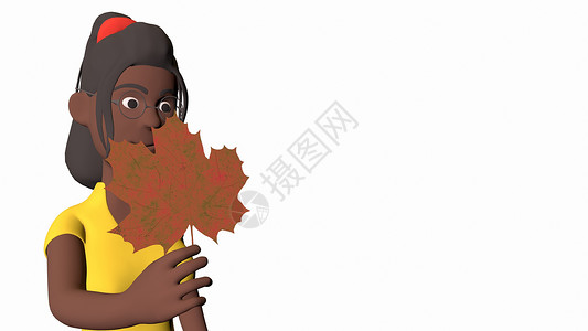 一个黑人女孩 手上拿着大片的木叶 在橙色背景上三德女性树叶配饰帽子情绪冒充衣服太阳镜季节渲染背景图片