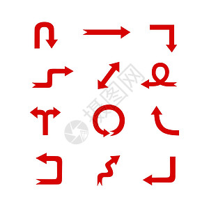 绘制方向指向不同方向的简单红箭头 手工绘制一套在白色上隔离的 用于打印等平板现代矢量光标元素插画