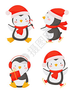 圣诞套餐和可爱的企鹅 在白色背景上的卡通风格插画
