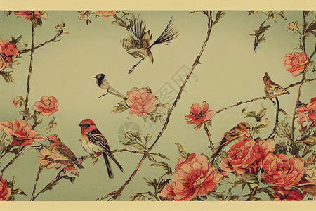 鸟边框手绘树枝古墙纸设计 长树枝和麻雀背景 复古背景