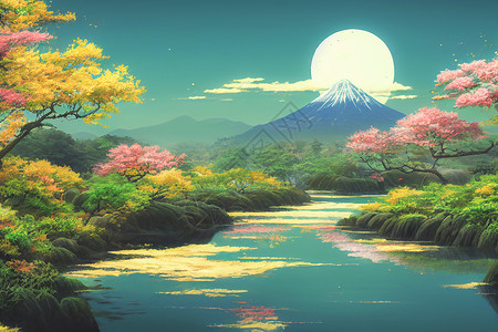 火山图日本动画壁纸 上面有美丽的粉红樱桃树和背景的藤山樱花旅行卡通片观光吸引力地标艺术3d插图全景背景
