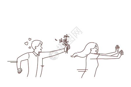 女性逃离男性仰慕者手势展示注意力情感辞职女孩插图绘画感情花朵背景图片