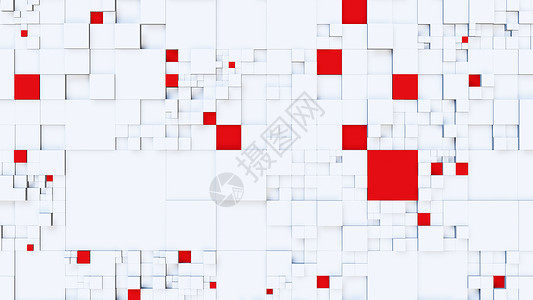 蓝图网格白方和红色立方体的背景在不同级别移动 3D 投影插图网格墙纸马赛克技术盒子运动建筑学蓝图正方形石头背景