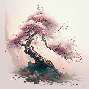 樱花卡通春树自然插图 日本樱花 木干 粉红色冠 夏季公园卡通花岗花背景
