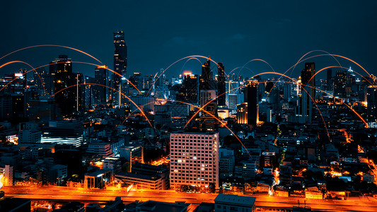 在城市景观上具有连接网络互惠性的智能数字城市商业手机建筑网格速度交通人工智能互联网电脑数据未来高清图片素材