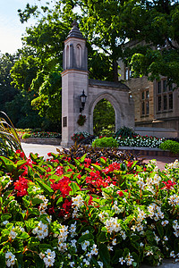 印地安那州大学校园入口处采样盖茨的红花和白花印第安纳州高清图片素材