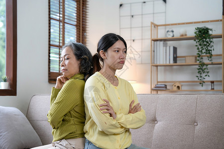 家人坐在沙发上发生争执 成年女儿证明自己的权利积极与年迈的母亲争论 60 多岁的母亲因误解而绝望 代沟 家庭观念冲突厨房成人早餐背景图片