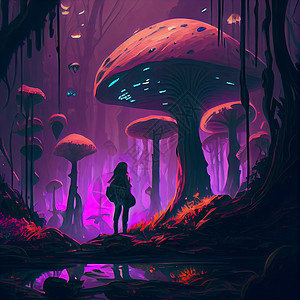 蘑菇下的女孩女孩站在拥有巨大发光蘑菇树的奇幻森林的背景下背景