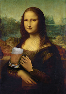 达·芬奇美术作品拼贴蒙娜丽莎·吉阿孔达 拿杯啤酒背景
