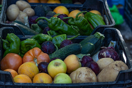 含有各种有机种植水果和蔬菜的框中送货上门高清图片素材